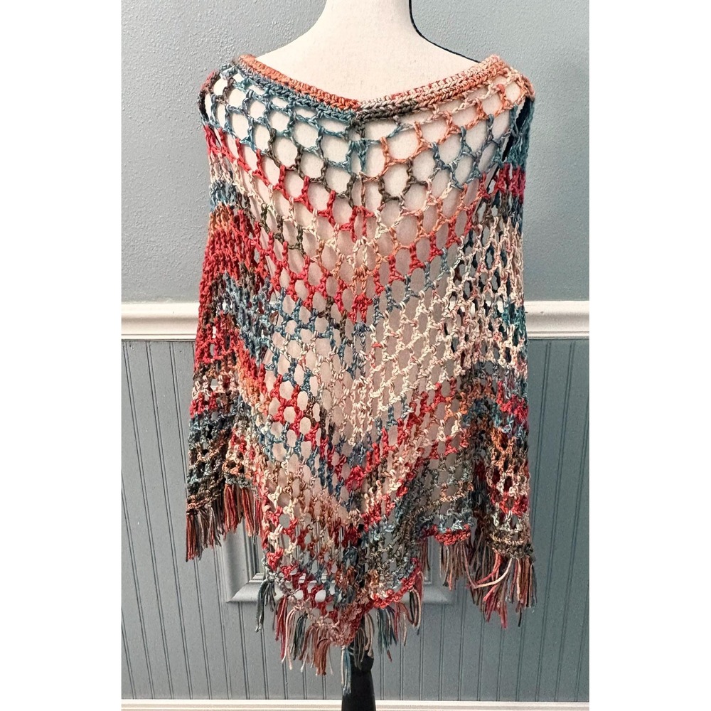 Handmade Crochet Poncho with Fringe | Boho Multicolor Poncho | One of a Kind - Picture 2 of 16